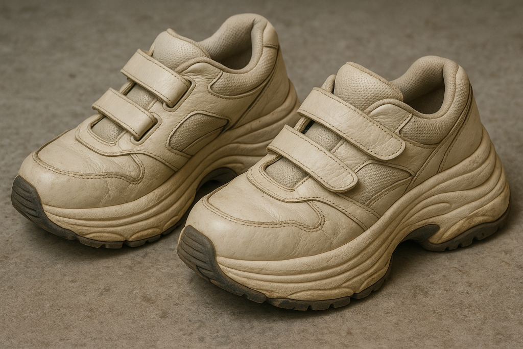 Old-fashioned orthopedic sneakers with oversized construction and velcro closures